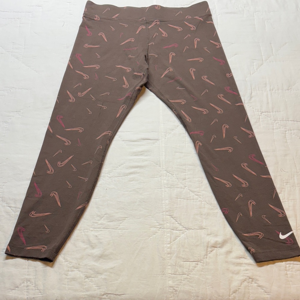 Nike Women's Athletic Printed High-Waisted Leggings All-Over Logo Brown/Pink NWT